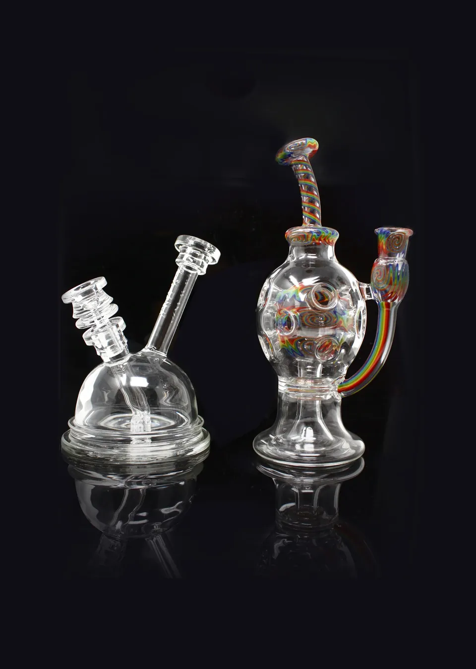 Two glass rigs, one with a dome base and one with a color-changing body