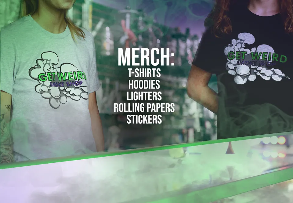 Get Weird t-shirts and hoodies with the cloud logo, plus lighters, rolling papers and stickers